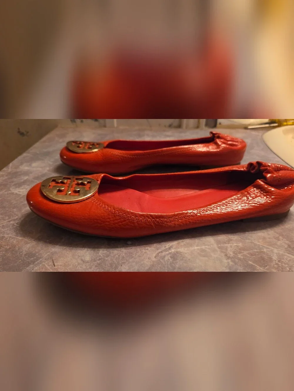 Tory Burch Orange Patent Logo Ballet Flats